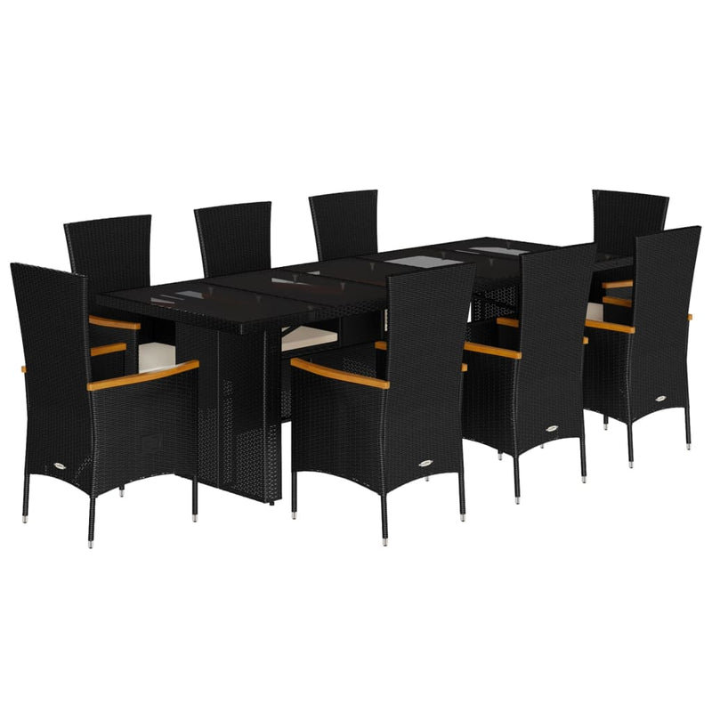 9 Piece Garden Dining Set with Cushions Black Poly Rattan