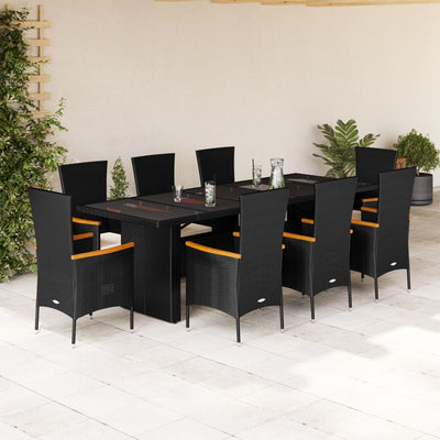 9 Piece Garden Dining Set with Cushions Black Poly Rattan