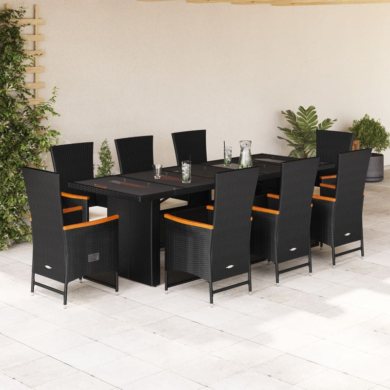 9 Piece Garden Dining Set with Cushions Black Poly Rattan