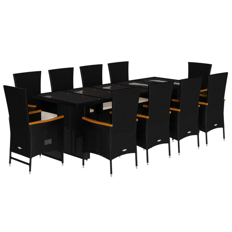 11 Piece Garden Dining Set with Cushions Black Poly Rattan