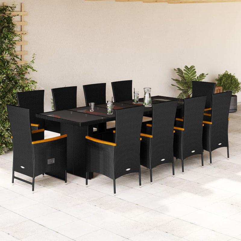 11 Piece Garden Dining Set with Cushions Black Poly Rattan