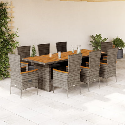 9 Piece Garden Dining Set with Cushions Grey Poly Rattan