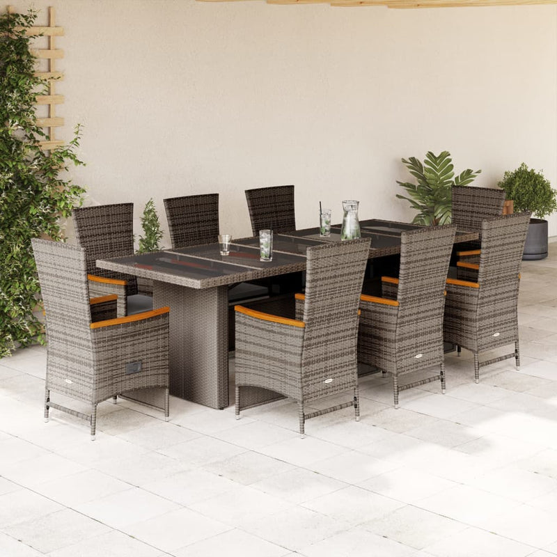 9 Piece Garden Dining Set with Cushions Grey Poly Rattan