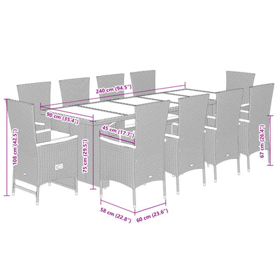 11 Piece Garden Dining Set with Cushions Grey Poly Rattan