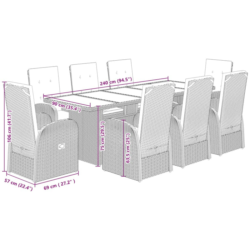 9 Piece Garden Dining Set with Cushions Grey Poly Rattan