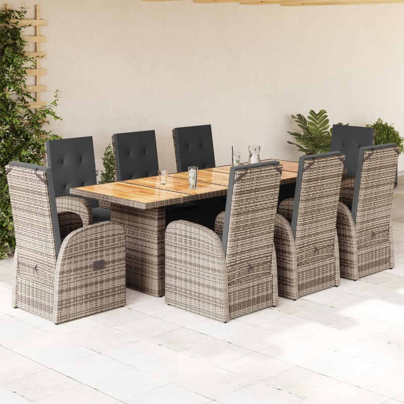 9 Piece Garden Dining Set with Cushions Grey Poly Rattan