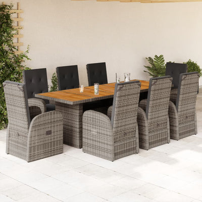 9 Piece Garden Dining Set with Cushions Grey Poly Rattan