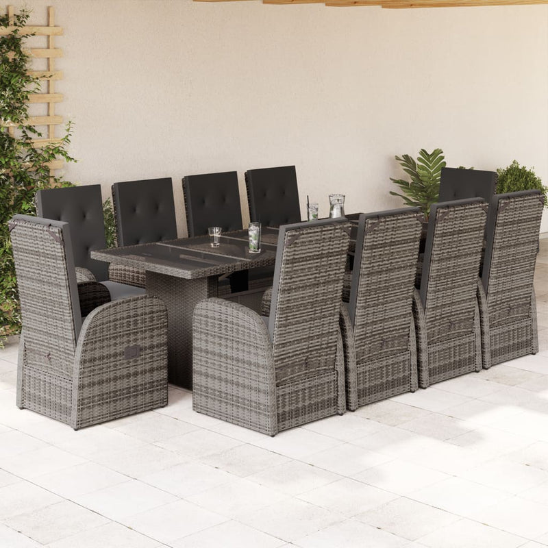 11 Piece Garden Dining Set with Cushions Grey Poly Rattan