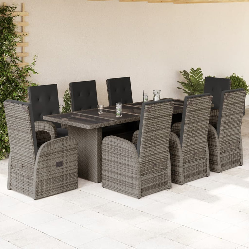 9 Piece Garden Dining Set with Cushions Grey Poly Rattan