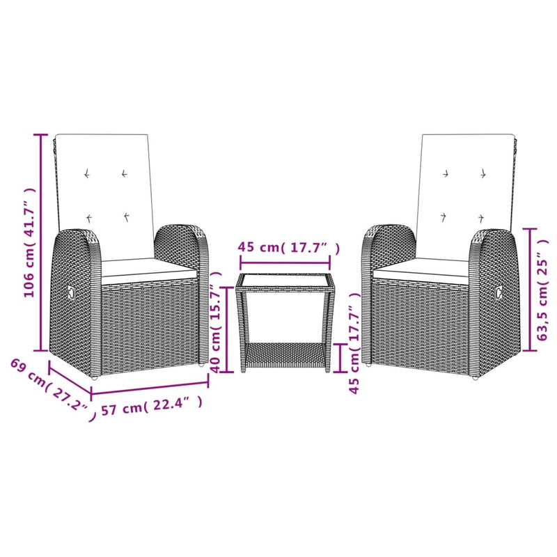 3 Piece Garden Dining Set with Cushions Grey Poly Rattan