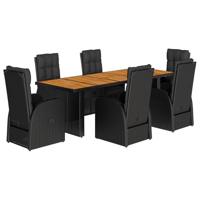 7 Piece Garden Dining Set with Cushions Black Poly Rattan