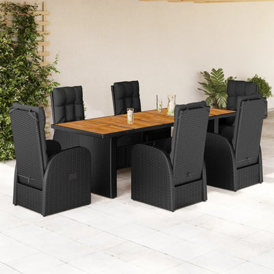 7 Piece Garden Dining Set with Cushions Black Poly Rattan