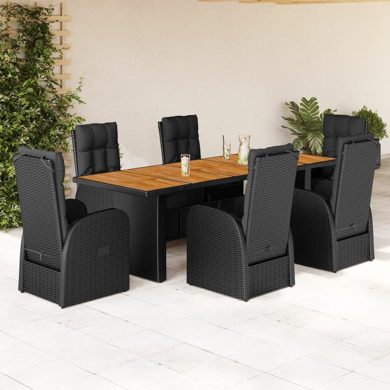 7 Piece Garden Dining Set with Cushions Black Poly Rattan