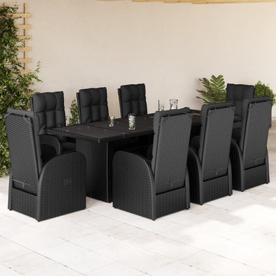 9 Piece Garden Dining Set with Cushions Black Poly Rattan