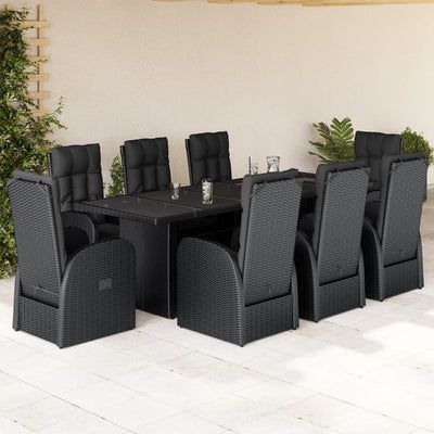 9 Piece Garden Dining Set with Cushions Black Poly Rattan