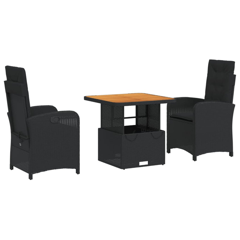 3 Piece Garden Dining Set with Cushions Black Poly Rattan