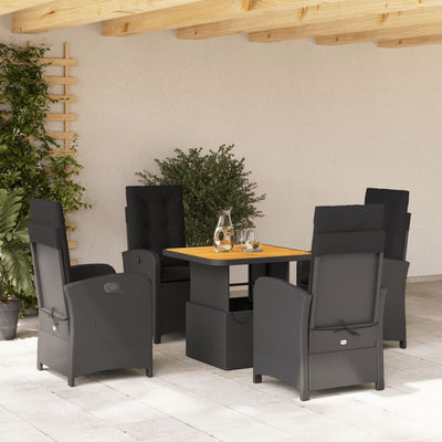 5 Piece Garden Dining Set with Cushions Black Poly Rattan