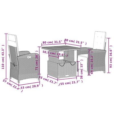 3 Piece Garden Dining Set with Cushions Black Poly Rattan