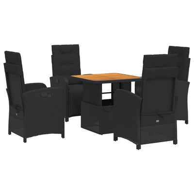 5 Piece Garden Dining Set with Cushions Black Poly Rattan