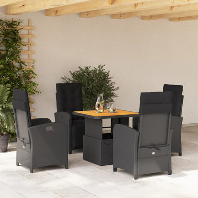 5 Piece Garden Dining Set with Cushions Black Poly Rattan