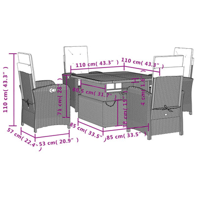 5 Piece Garden Dining Set with Cushions Grey Poly Rattan