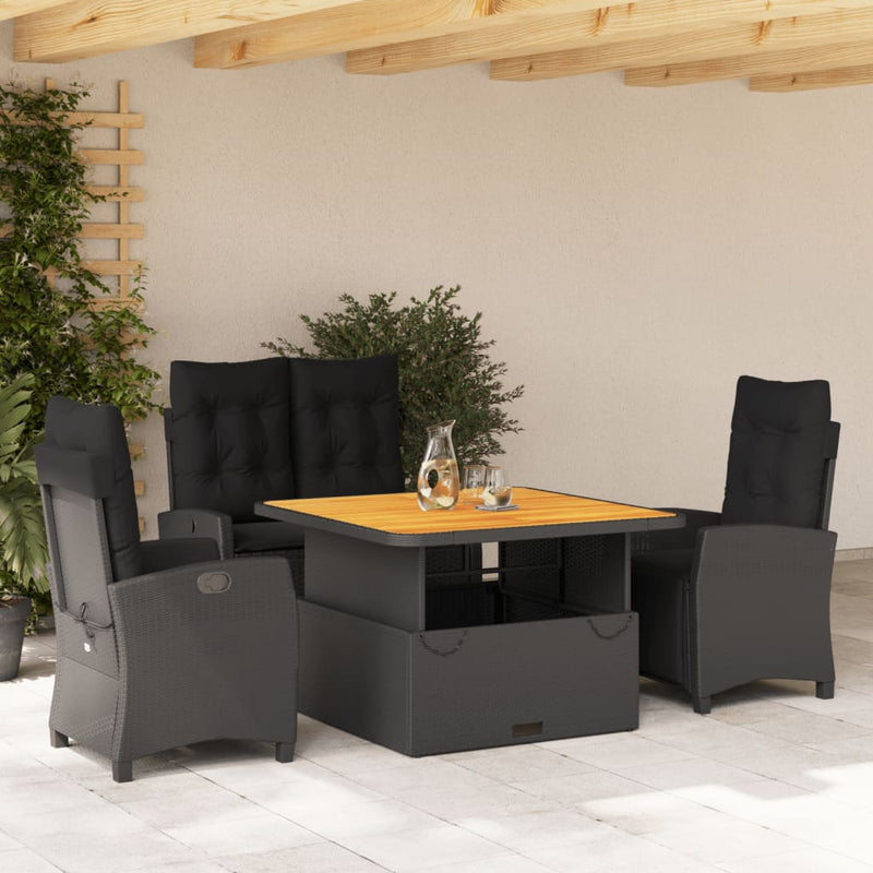 4 Piece Garden Dining Set with Cushions Black Poly Rattan