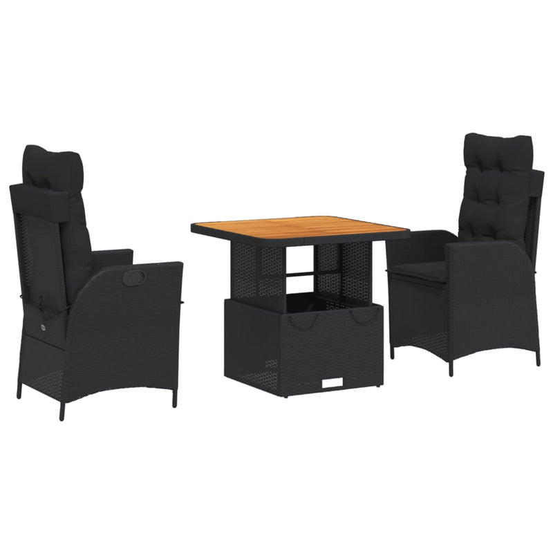 3 Piece Garden Dining Set with Cushions Black Poly Rattan