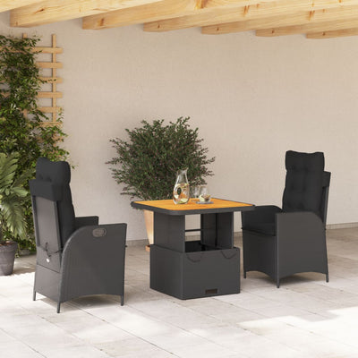 3 Piece Garden Dining Set with Cushions Black Poly Rattan