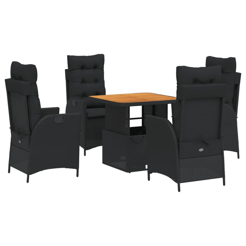 5 Piece Garden Dining Set with Cushions Black Poly Rattan