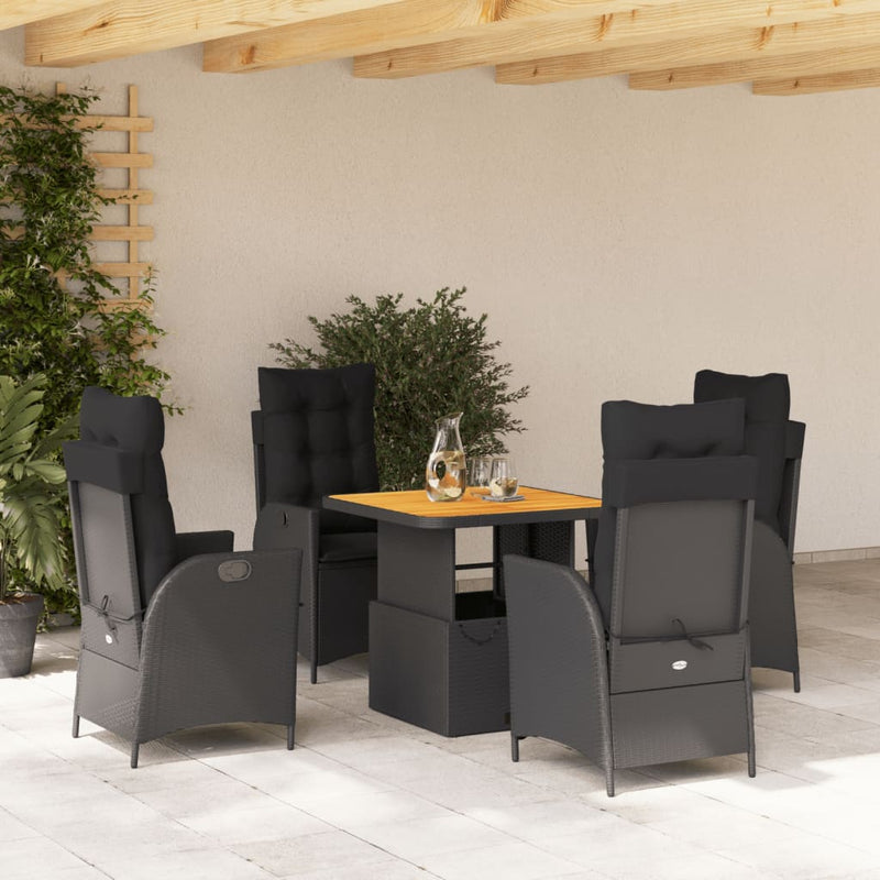 5 Piece Garden Dining Set with Cushions Black Poly Rattan