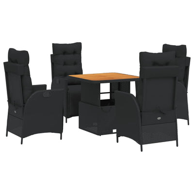 5 Piece Garden Dining Set with Cushions Black Poly Rattan