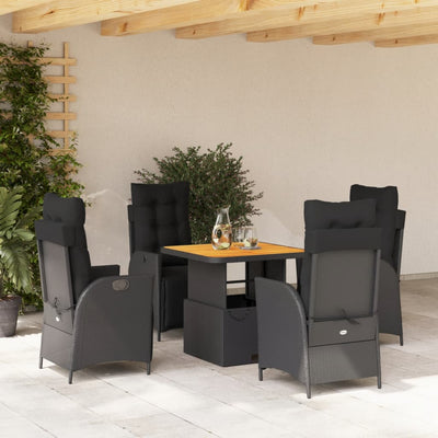 5 Piece Garden Dining Set with Cushions Black Poly Rattan