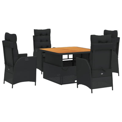 5 Piece Garden Dining Set with Cushions Black Poly Rattan