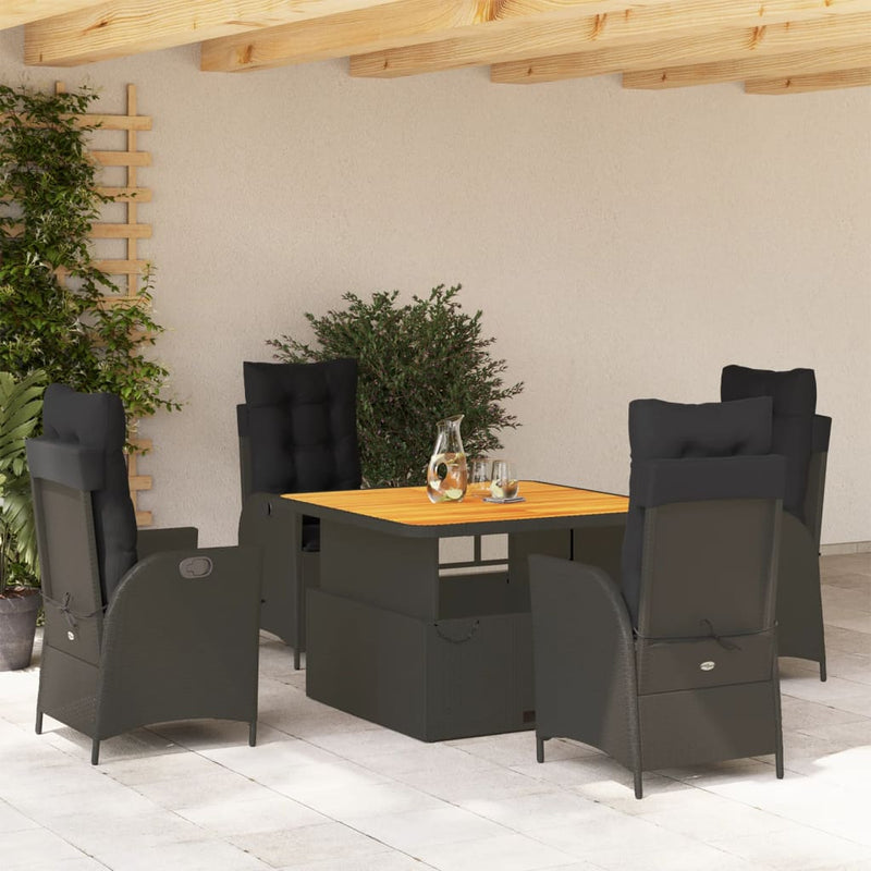 5 Piece Garden Dining Set with Cushions Black Poly Rattan