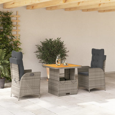 3 Piece Garden Dining Set with Cushions Grey Poly Rattan