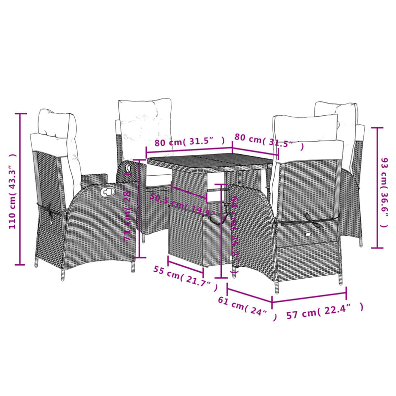 5 Piece Garden Dining Set with Cushions Grey Poly Rattan