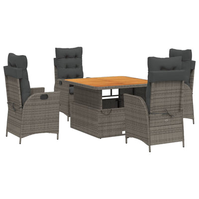 5 Piece Garden Dining Set with Cushions Grey Poly Rattan