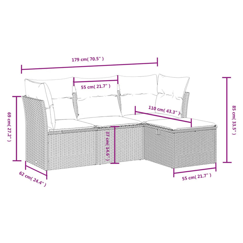 4 Piece Garden Sofa Set with Cushions Grey Poly Rattan