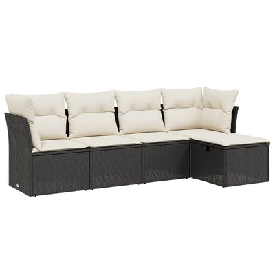 5 Piece Garden Sofa Set with Cushions Black Poly Rattan