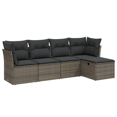 5 Piece Garden Sofa Set with Cushions Grey Poly Rattan