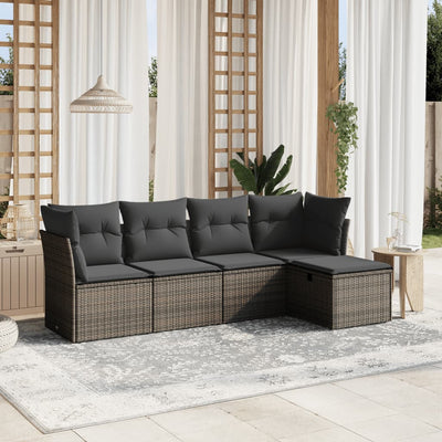 5 Piece Garden Sofa Set with Cushions Grey Poly Rattan