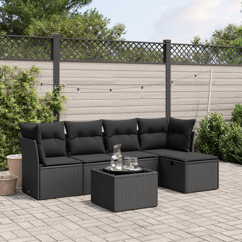 6 Piece Garden Sofa Set with Cushions Black Poly Rattan