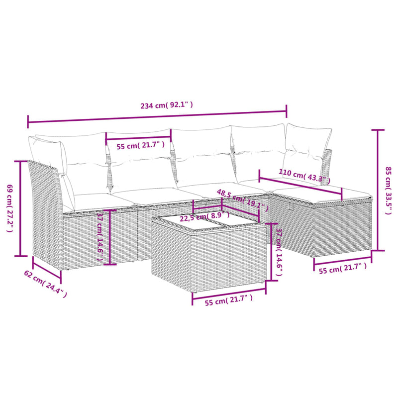 6 Piece Garden Sofa Set with Cushions Grey Poly Rattan