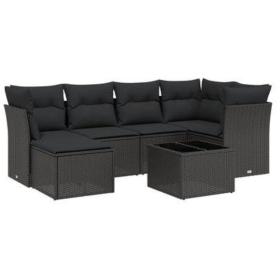 7 Piece Garden Sofa Set with Cushions Black Poly Rattan