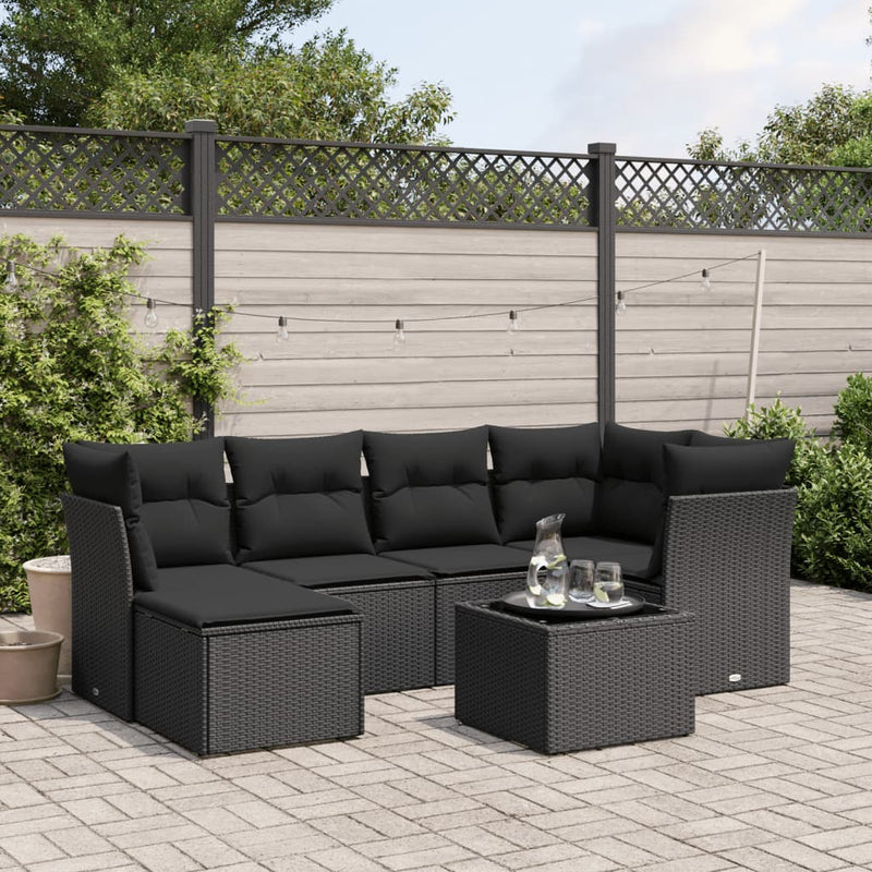 7 Piece Garden Sofa Set with Cushions Black Poly Rattan