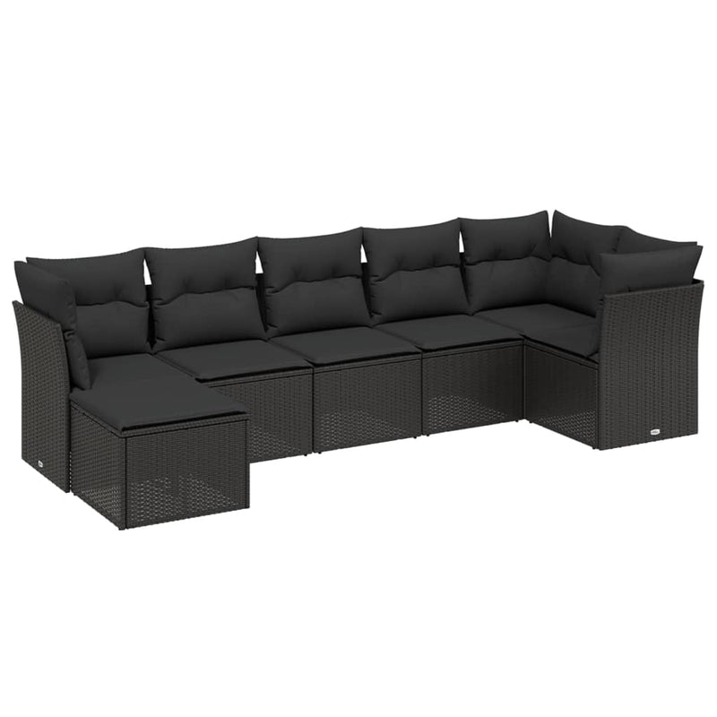 7 Piece Garden Sofa Set with Cushions Black Poly Rattan