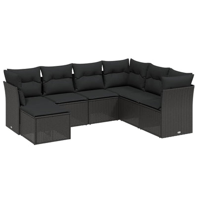 7 Piece Garden Sofa Set with Cushions Black Poly Rattan