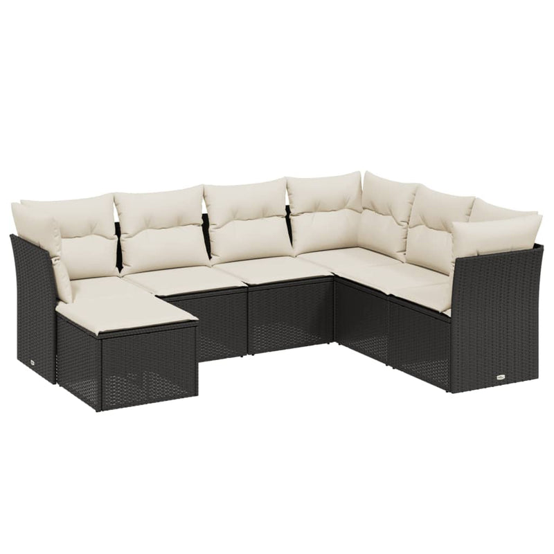 7 Piece Garden Sofa Set with Cushions Black Poly Rattan