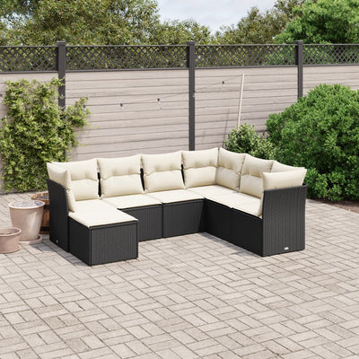 7 Piece Garden Sofa Set with Cushions Black Poly Rattan