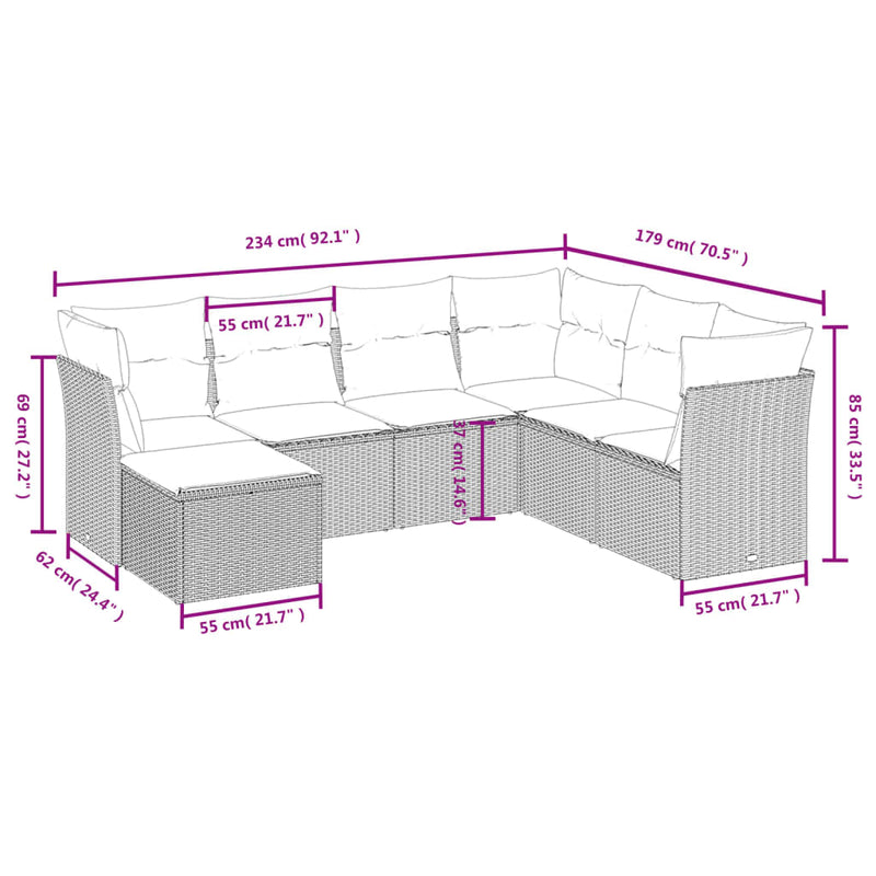 7 Piece Garden Sofa Set with Cushions Grey Poly Rattan